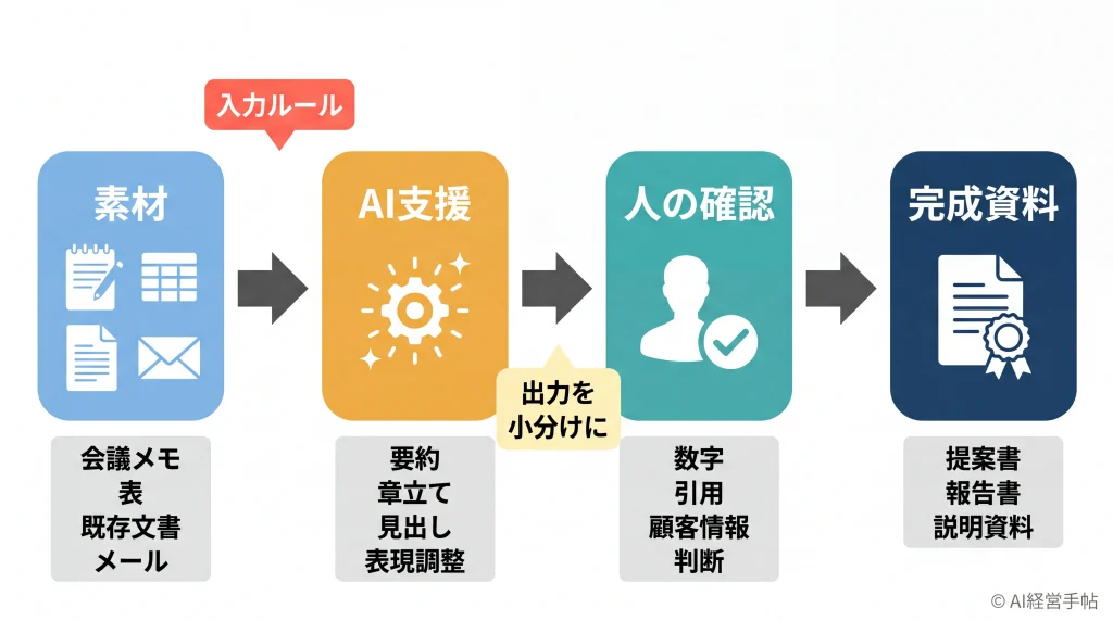 資料作成AIが素材から完成資料へ整理する流れを示す概念図