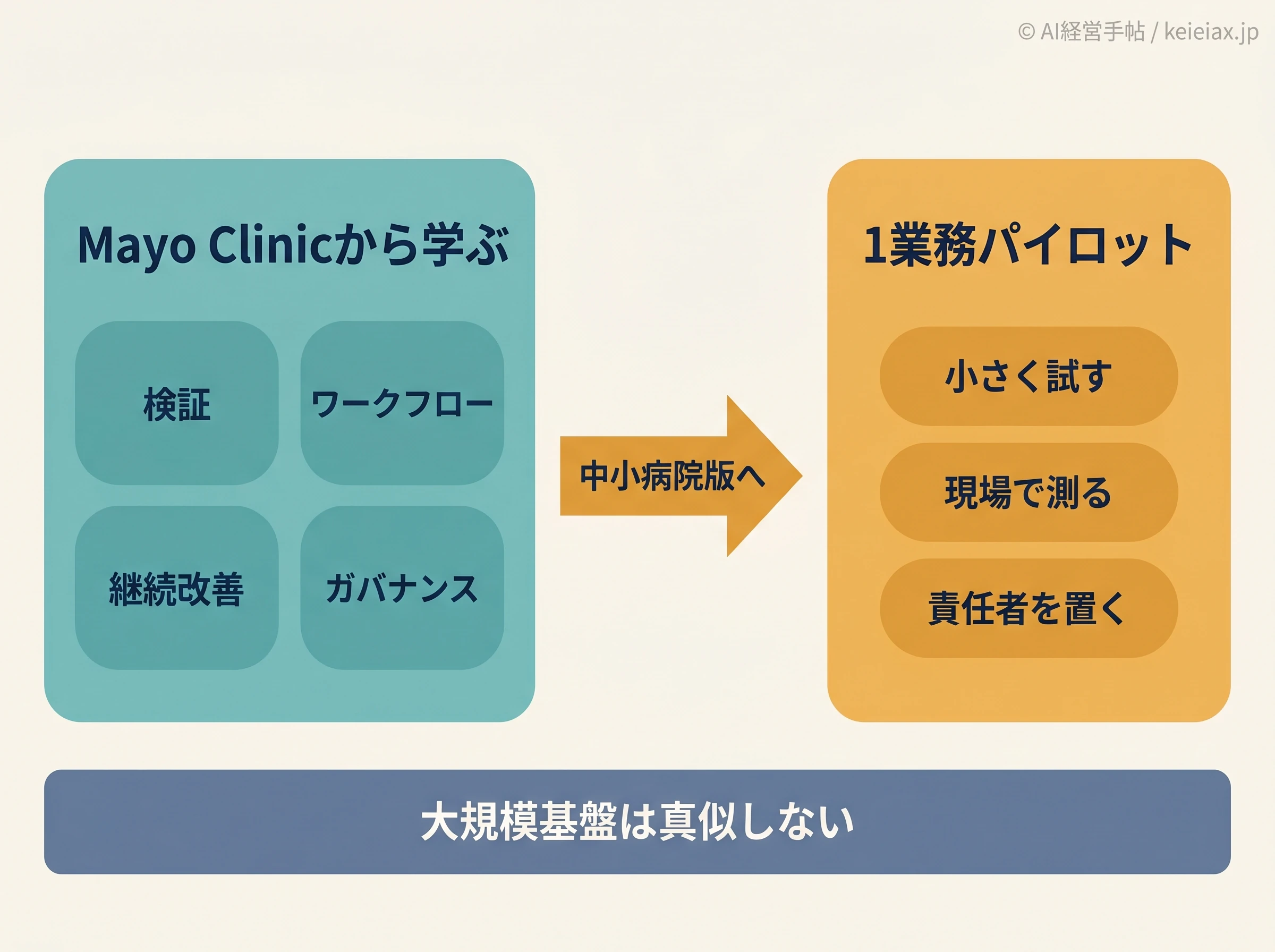 Mayo Clinic事例を中小病院向けに翻訳する図