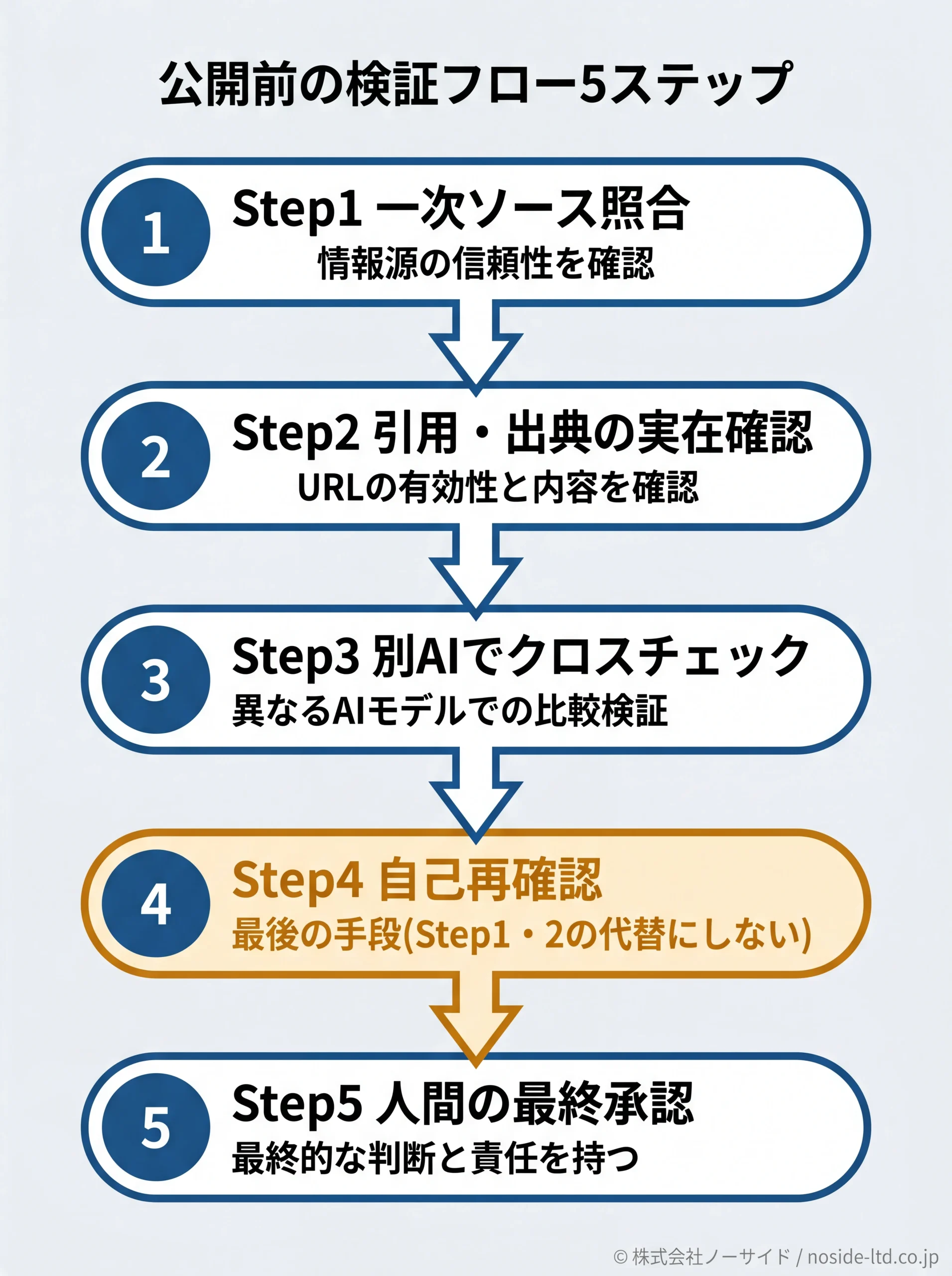 公開前の検証フロー5ステップを示す縦型の図