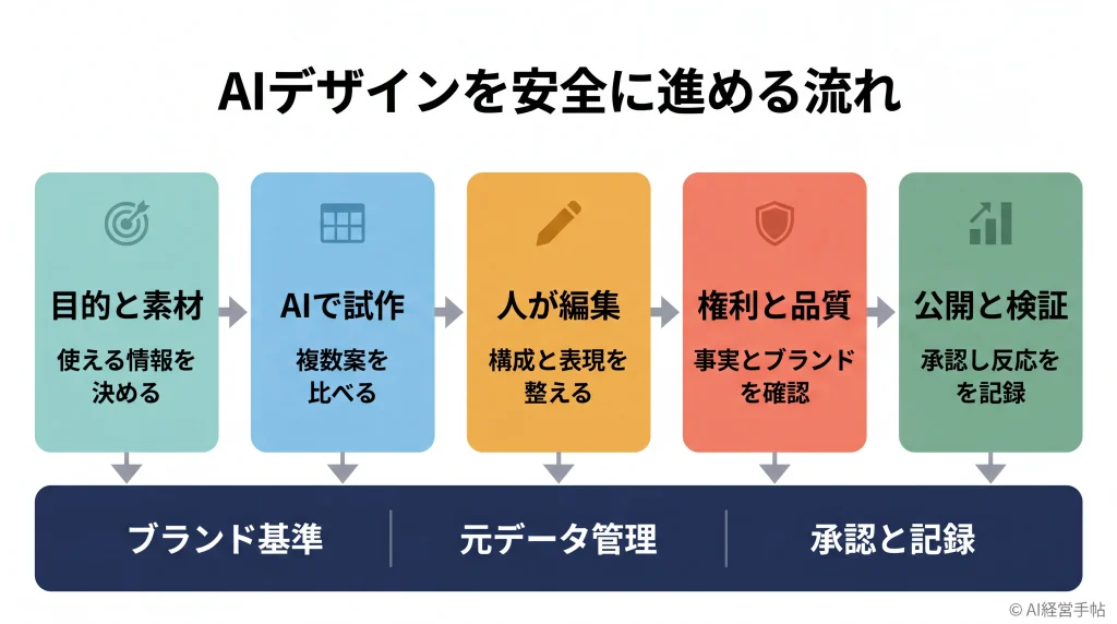 AIデザインを安全に進める5段階の流れと3つの基盤を示すプロセス図