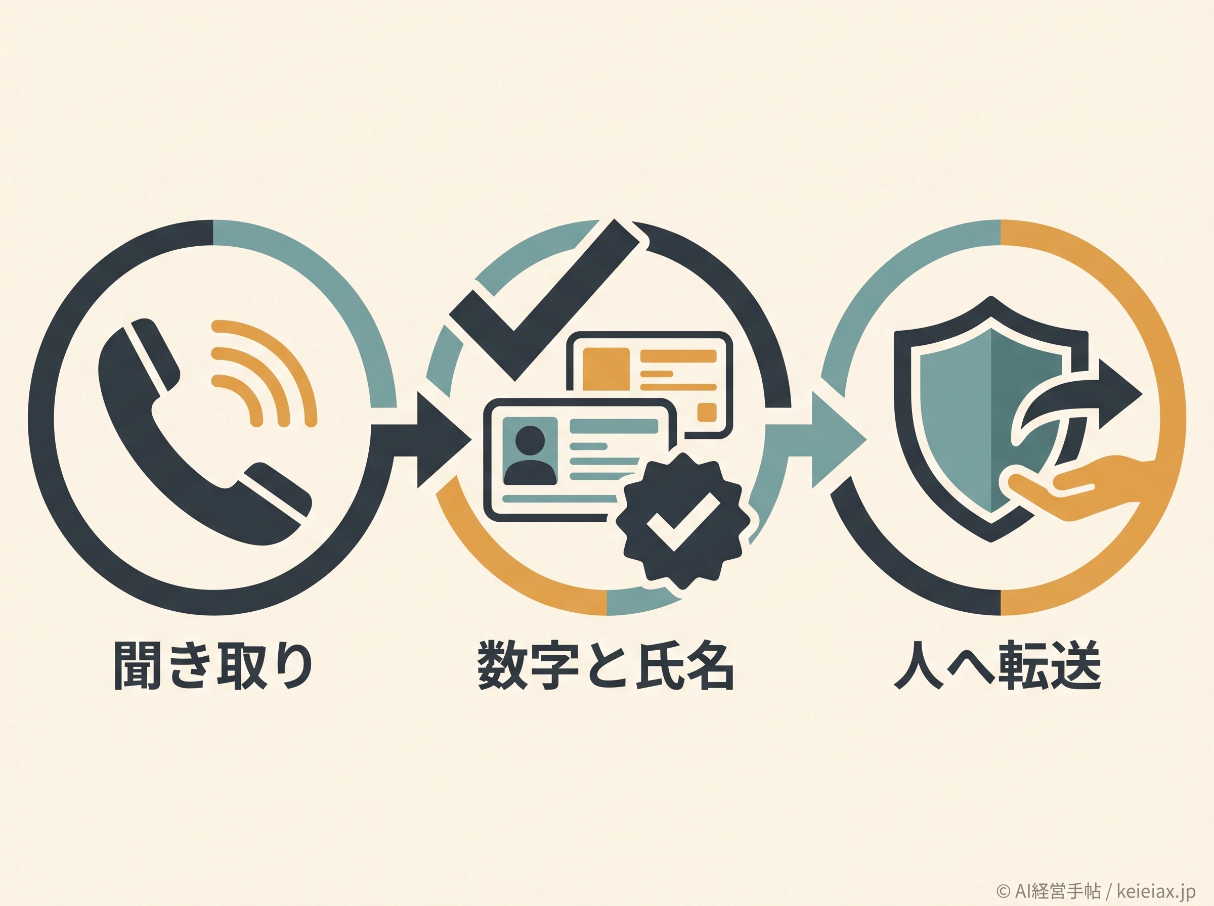 AI受付の声を通話と有人転送で確認する流れ