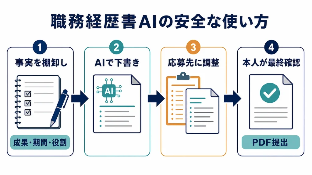 職務経歴書AIを安全に使う4段階を示す概念図