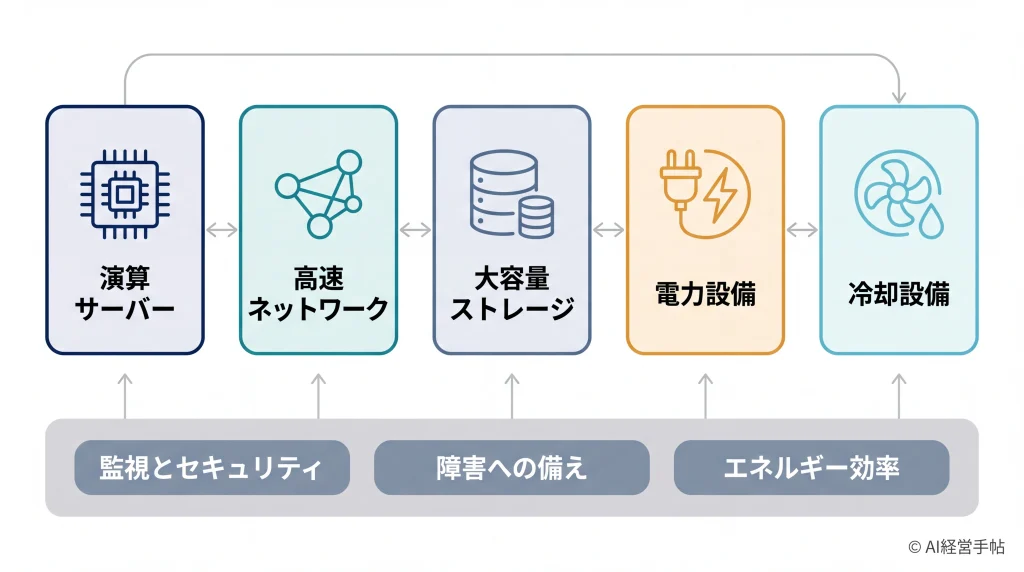 AIデータセンターの中核5要素と、それを支える3つの運用の土台を示した概念図。