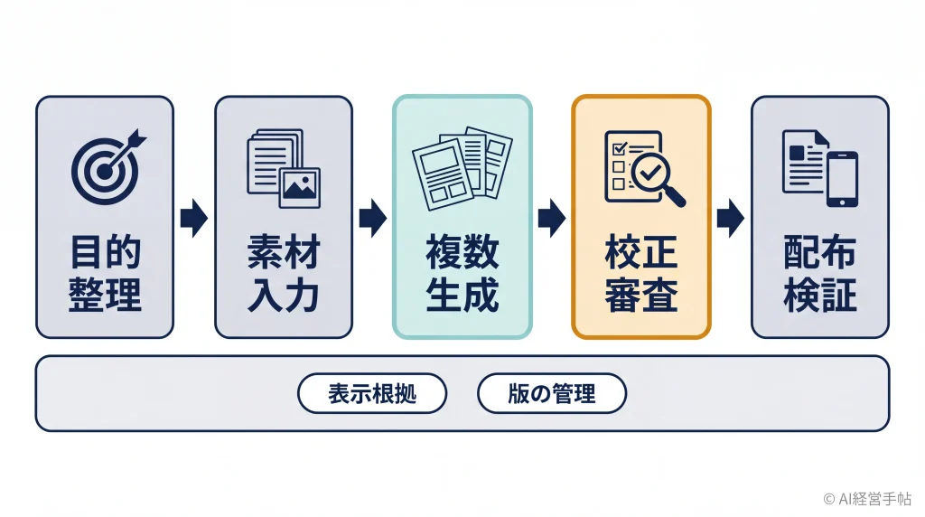 チラシ作成AIの流れを目的整理から配布検証まで5段階のカードで示し、下部に基盤として表示根拠と版の管理を並べた概念図。