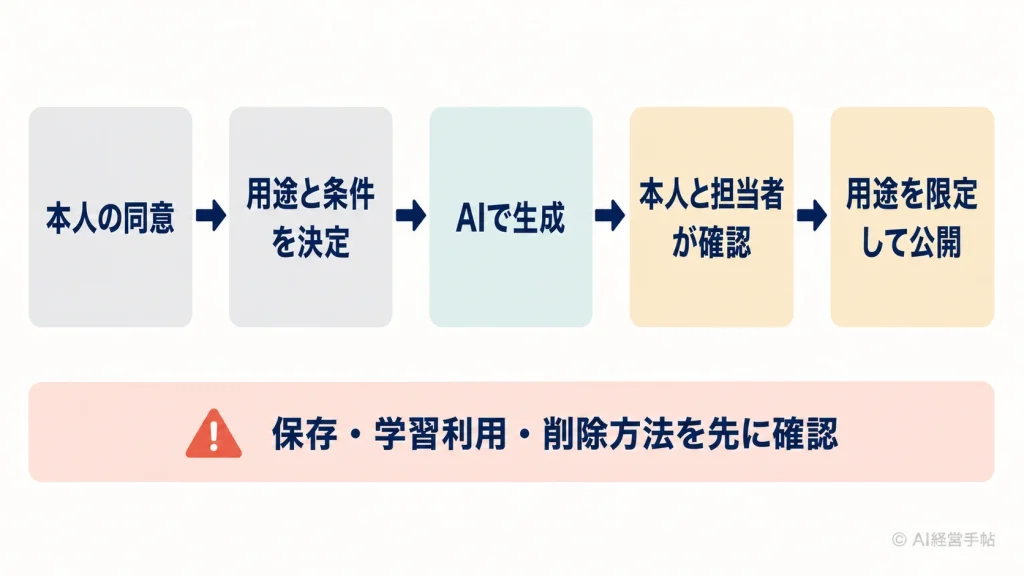 AI似顔絵を業務利用する際に、本人の同意、用途と条件の決定、AI生成、本人と担当者の確認、用途を限定した公開へ進み、保存・学習利用・削除方法を事前確認する流れを示した図。