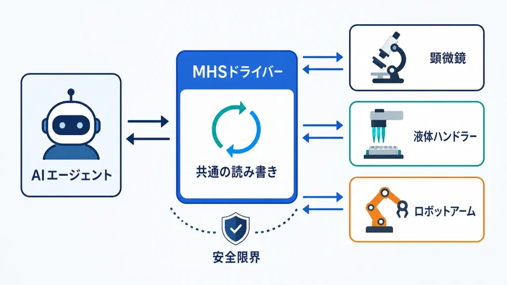 AIエージェントがMHSを介して顕微鏡などの物理機器を操作する概念図