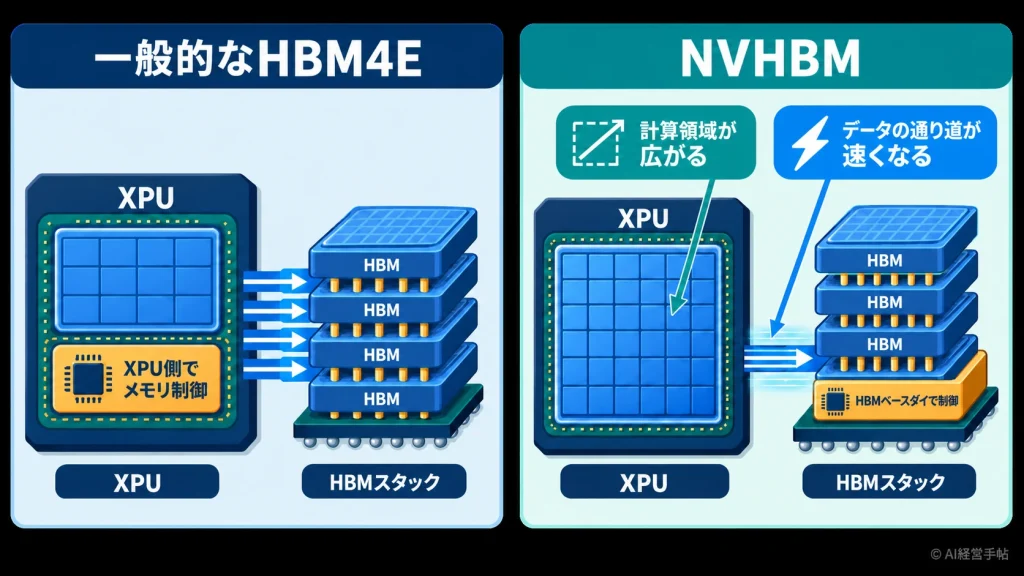 一般的なHBM4EとNVHBMを比べ、NVHBMはメモリ制御をXPUからHBMベースダイへ移して計算領域を広げる設計を示した図。