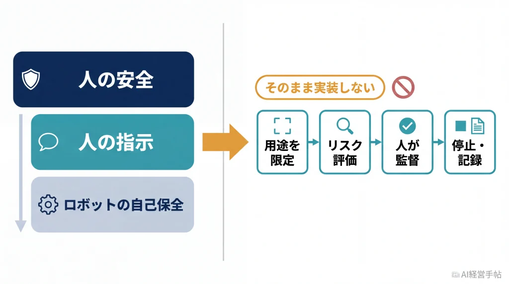 創作上の三原則の優先順位3層と、現実の運用に必要な4段階の安全管理を左右で対比した図。