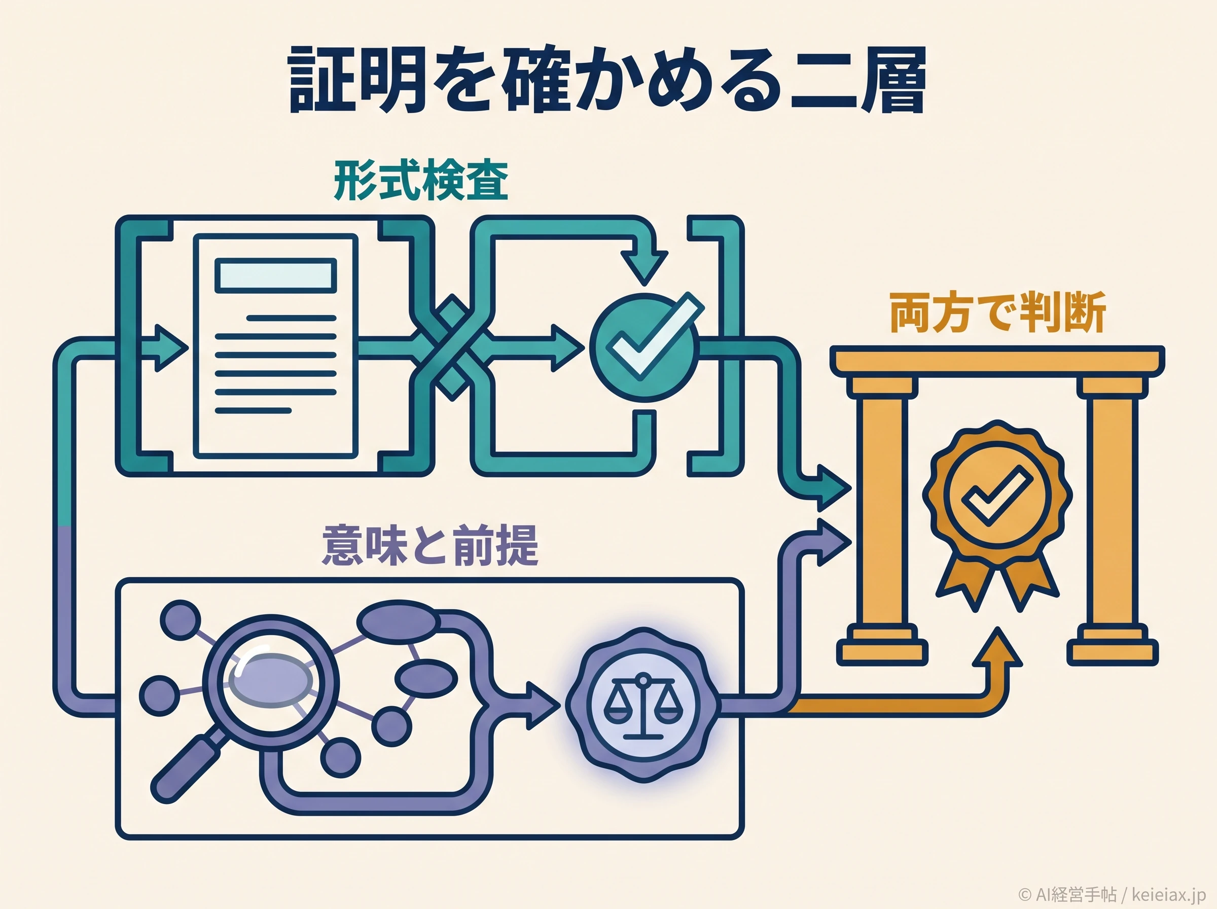 数学証明を確かめる二層の図