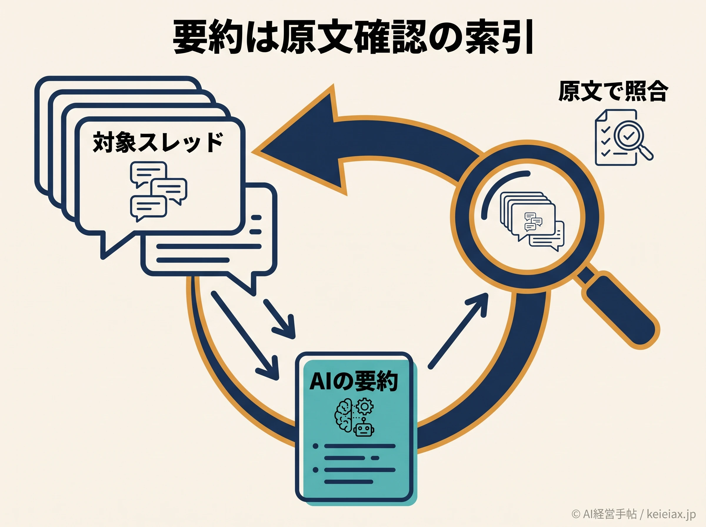 AIの要約を原文確認の索引として使う流れの図