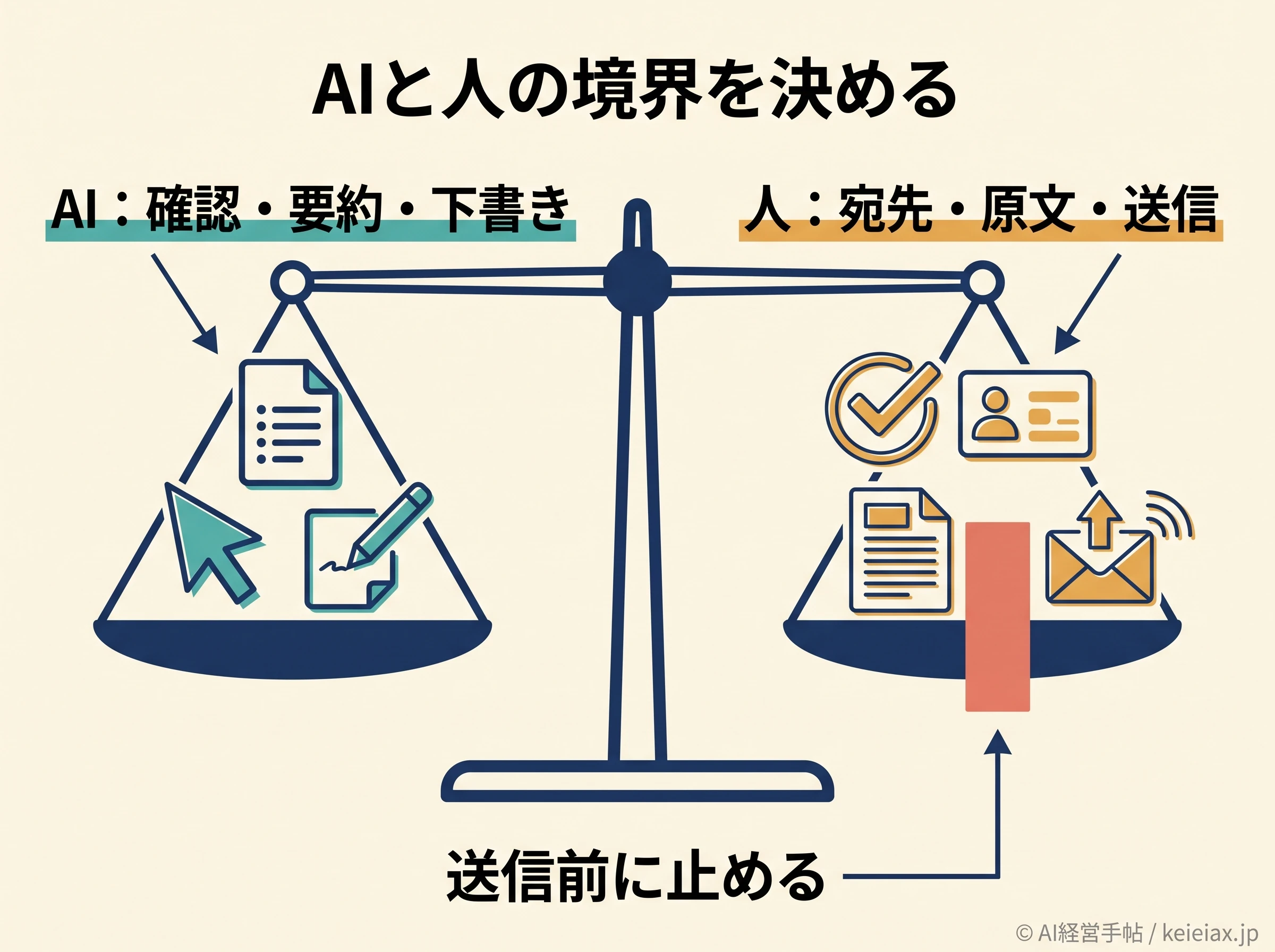 AIが下書きし人が宛先と送信を判断する境界の図