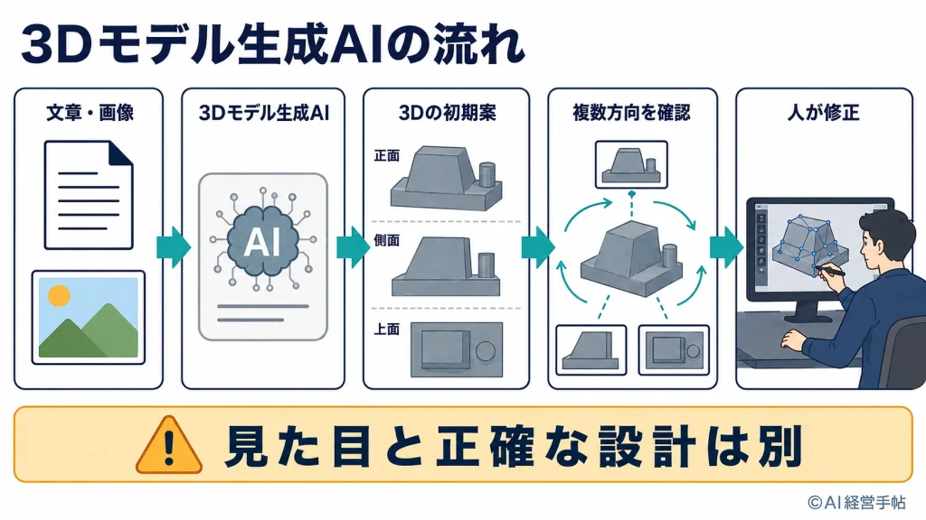 文章や画像から3Dの初期案を作り、複数方向の確認と人の修正を経て利用する流れの概念図