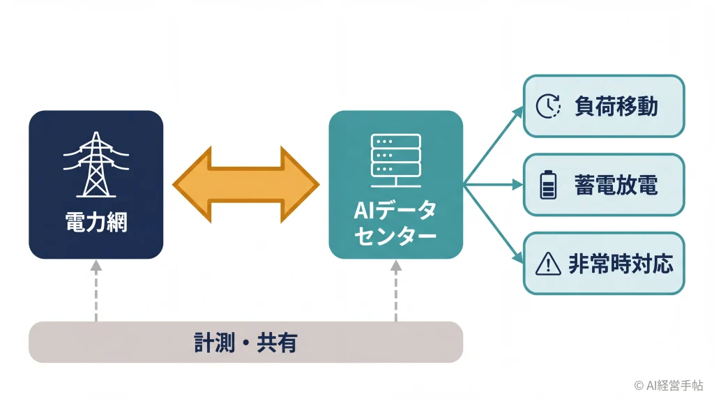 電力網とAIデータセンターが双方向に協調し、3つの柔軟性手段と計測・共有で結ばれる概念図。