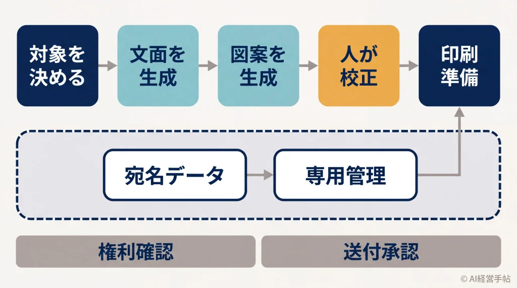 AI年賀状の5工程の流れと、宛名データを生成工程から分離して印刷準備でのみ使う運用を示した図。