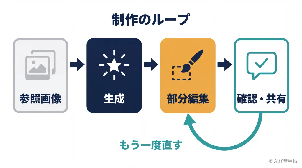 参照から生成、部分編集、確認・共有へ進み、確認から部分編集へ戻る制作ループを示した概念図。