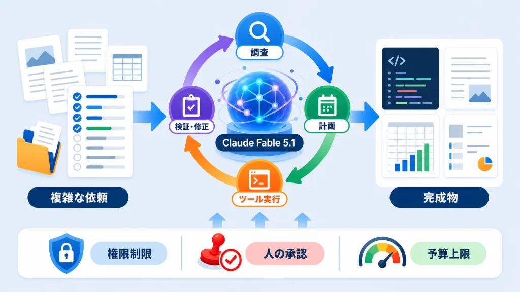 Claude Fable 5.1が複雑な依頼を調査・計画・実行・検証して完成物へつなぐ概念図