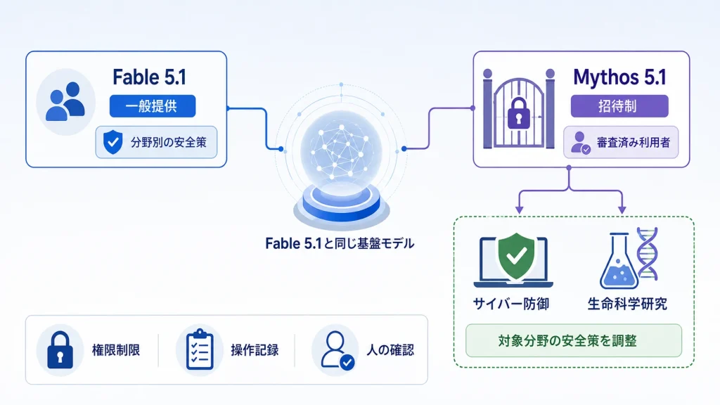 Claude Mythos 5.1が審査済み利用者へ対象分野の安全策を調整して提供される概念図