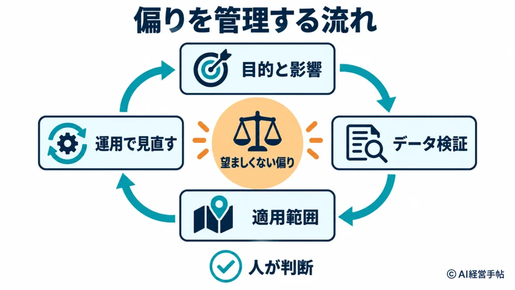 AIの望ましくない偏りを目的と影響、データ検証、適用範囲、運用で見直す流れを示した概念図