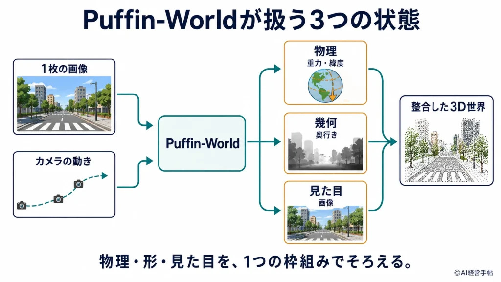 Puffin-Worldが物理・幾何・見た目を統合して3D世界を構成する概念図