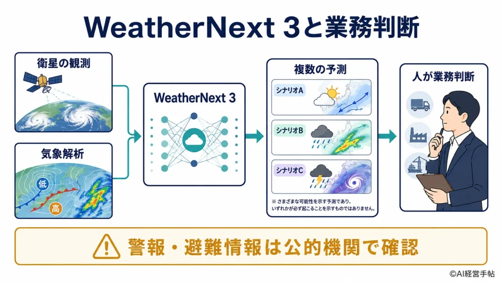 WeatherNext 3が衛星観測と気象解析から複数の予測を作り、人の業務判断につなぐ概念図