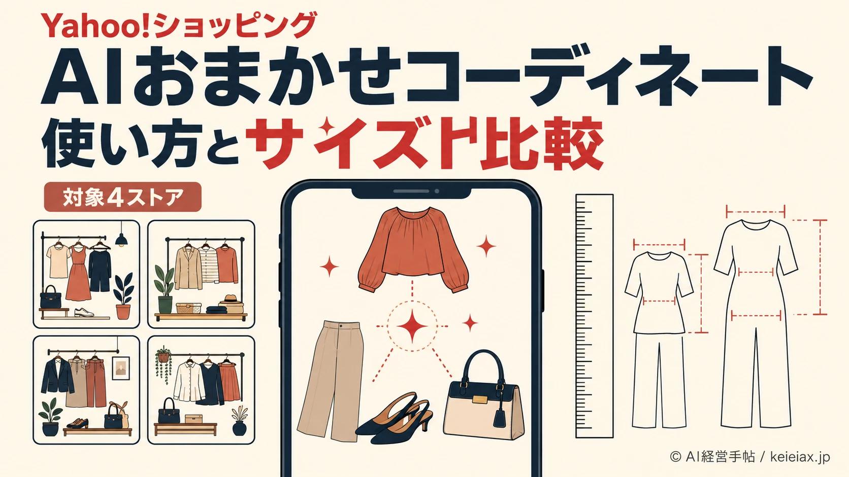 Yahoo!ショッピングのAIおまかせコーディネートの使い方【対象4ストアとサイズ比較の注意点】